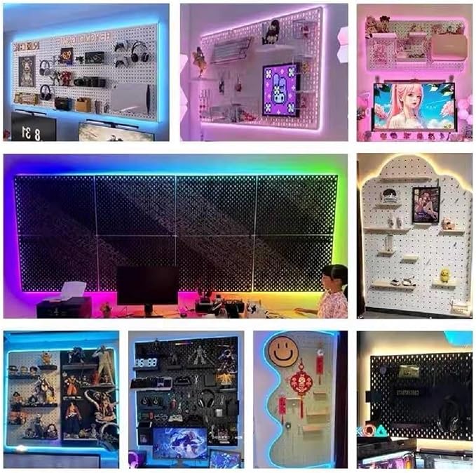 RGB Gaming Wall Organizer Peg Board with RGB LED Strip Lights, 2PCS Metal Gamer Wall Decor Peg Board with Hooks, DIY Gaming Setup Organizer PegBoard Gaming Wall Accessories 12 * 24” - Image 4