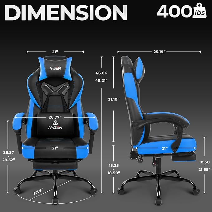 N-GEN GAMING Big & Tall Gaming Chair with Footrest, Lumbar Support, Blue | Ergonomic High-Back Chair for Adults, Padded Wide Seat with Heavy-Duty Base, Reclining Comfort for Computer, Office/Home Use - Image 3
