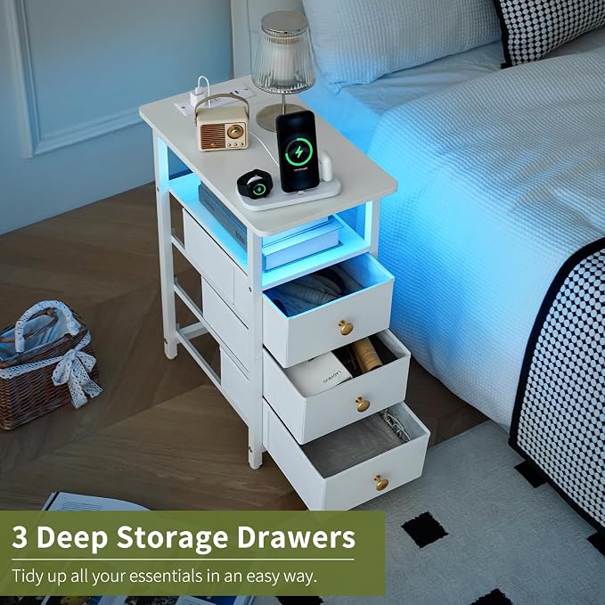 Yoobure End Table with Charging Station, LED Narrow Side Table Bedside Table, Small Night Stand End Tables Living Room, Skinny Nightstand with 3 Fabric Drawers, Side Tables Bedroom for Small Spaces - Image 6