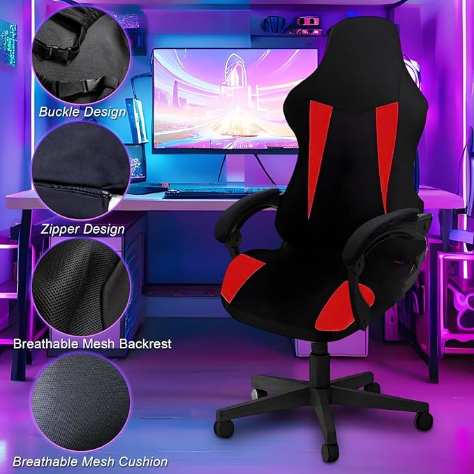 Gaming Chair Covers Only,Stretchable Fit Thick Breathable Mesh | Cat Scratch Proof,Scratch Resistant,Soft,Gaming Chair Seat Cover with 2Pcs Armrest Slipcovers(Black-red,Style 1) - Image 3