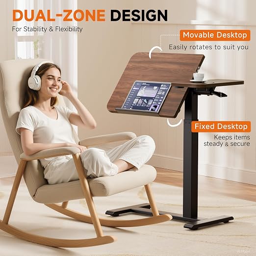 GTPLAYER Overbed Bedside Table with Wheels,Tiltable Hospital Bed Table Over The Bed, Pneumatic Adjustable Rolling Laptop Desk, Mobile Standing Desk for Hospital and Home Use (Walnut) - Image 4
