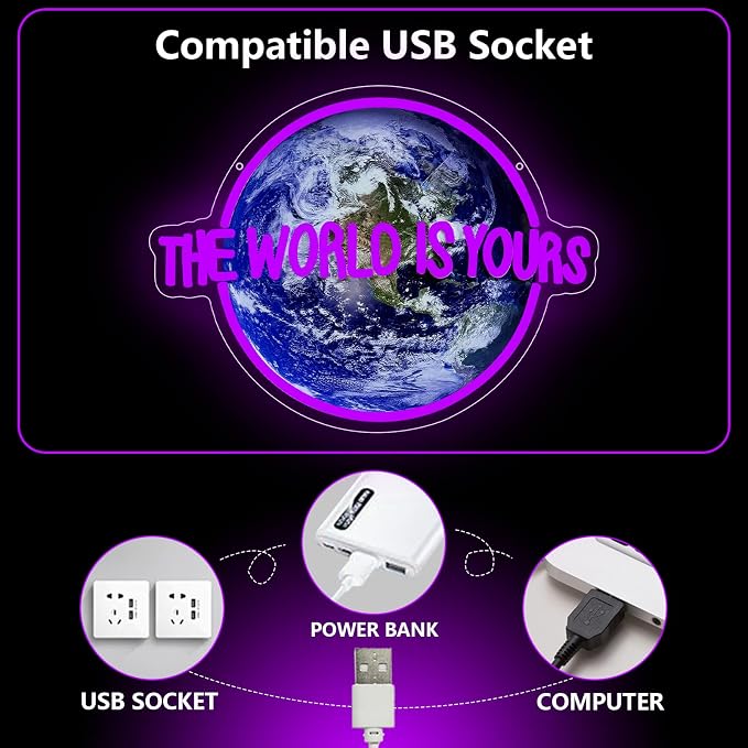 The World is Yours Neon Sign, Planet Led Neon Light Signs for Wall Decor Gaming LED Light up Sign Lamp for Party Bedroom Bar Game Room Man Cave Birthday Gamer Gift Dimmable USB Powered(16.4"*12.2") - Image 5
