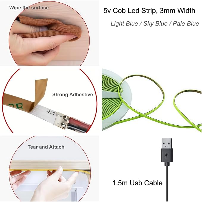 Ultra-Narrow 3mm USB COB LED Strip Self-Adhesive Cabinet Desk Bedroom Light (Lcy Blue, 6ft) - Image 3