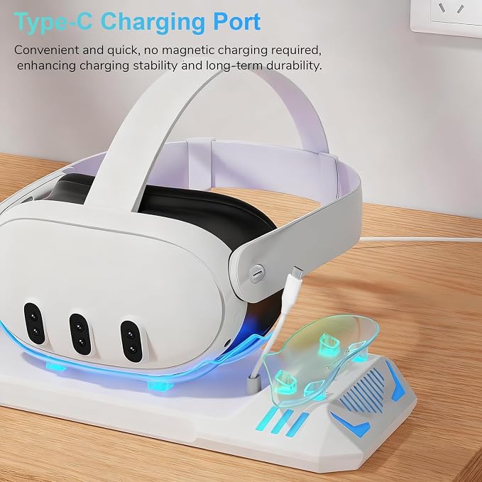 Charging Dock for Meta Quest 3S/Quest 3, Charging Station for Oculus Quest 3 VR Headset & Controllers, with 2 Rechargeable 2100mAh Batteries, USB-C Charger and Cable, Supports LED Indicator - Image 5