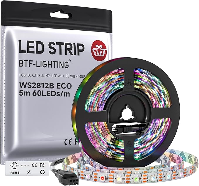 BTF-LIGHTING WS2812B ECO RGB LED Strip,UL Listed,Individually Addressable,16.4FT 60LED/m 300Pixel DC5V 5050SMD,Alloy Wire Flexible 3M Tape for DIY Chasing Color Project IP30(No Adapter or Controller) by BTF-LIGHTING
