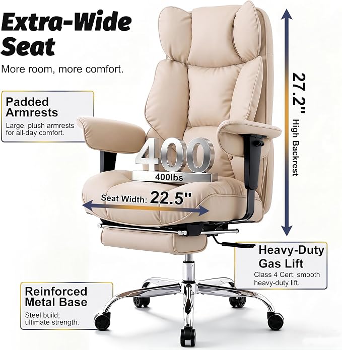 Efomao Executive Office Chair 400lbs,Beige Big and Tall Desk Chair | Mattress-grade pocket spring cushion, sleek leather, 135° recline & footrest for computer gaming setup. - Image 3