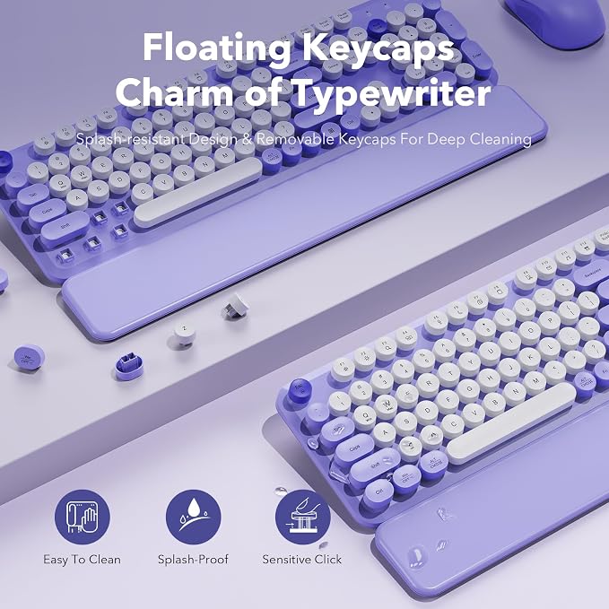 Wireless Keyboard and Mouse, Round Keycaps, Magnetic Wrist Rest, Purple - Image 3