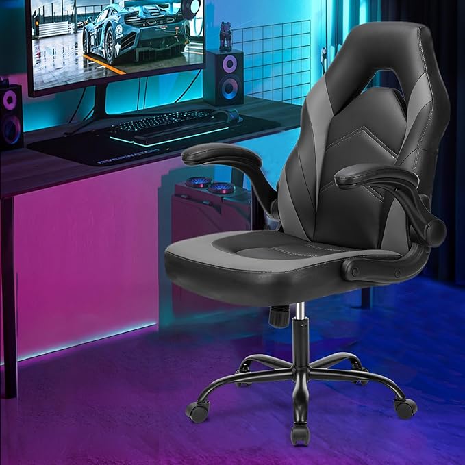Sweetcrispy Computer Gaming Desk Chair - Ergonomic PU Leather with Comfy Lumbar Support, Height Adjustable Rolling Desk with Flip-up Armrests, for Home and Office - Image 2