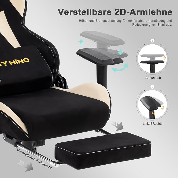 Symino Gaming Chair, High Back Ergonomic Office Chair with 2D Adjustable Armrests, 150° Recline, Breathable Faux Suede, Adjustable Headrest & Footrest for Home Office - Image 6