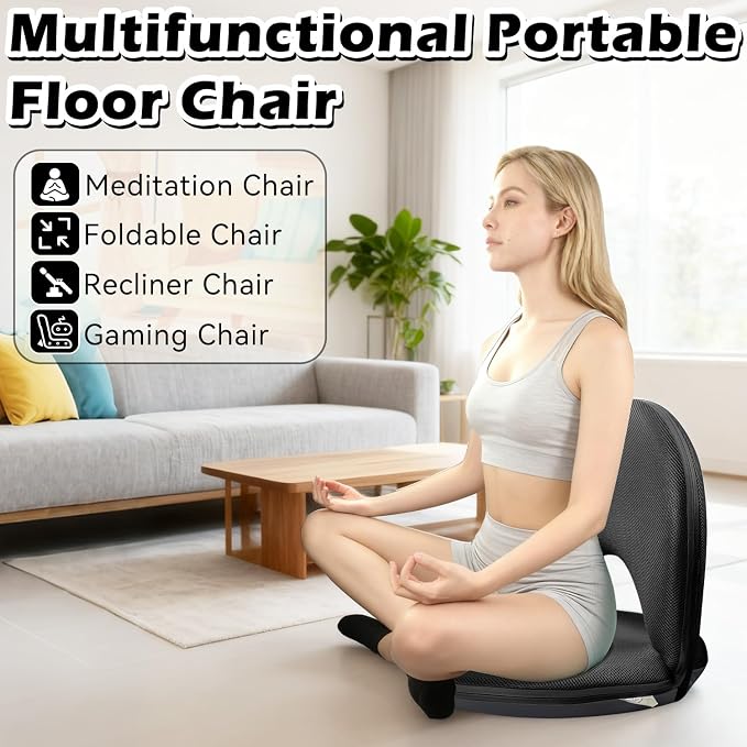 Floor Chair Floor Cushion Folding Padded Gaming Chair Adjustable 5-Position Floor Seat with Back Support for Kids Adult Great for Gaming Reading Meditating (Black) - Image 3