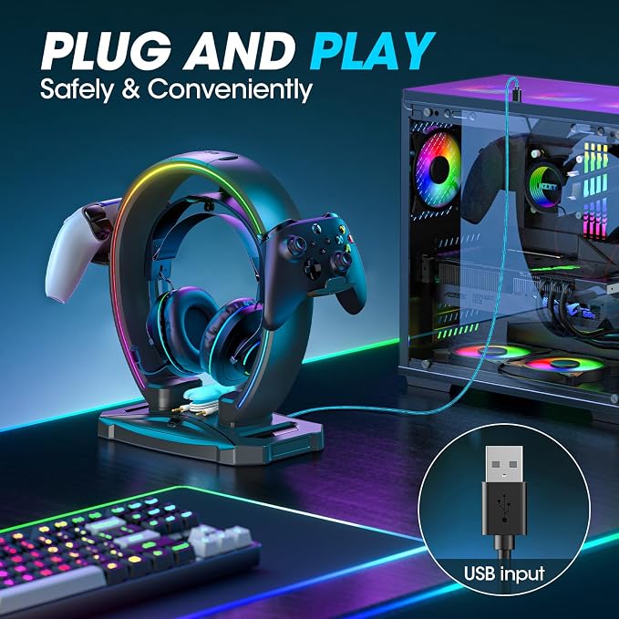 KDD RGB Headphone & Controller Stand with 9 Light Modes - Foldable Controller Hanger for Desk - Earphone Stand with Cable Organizer - for Gamers Desktop Accessories - Image 2