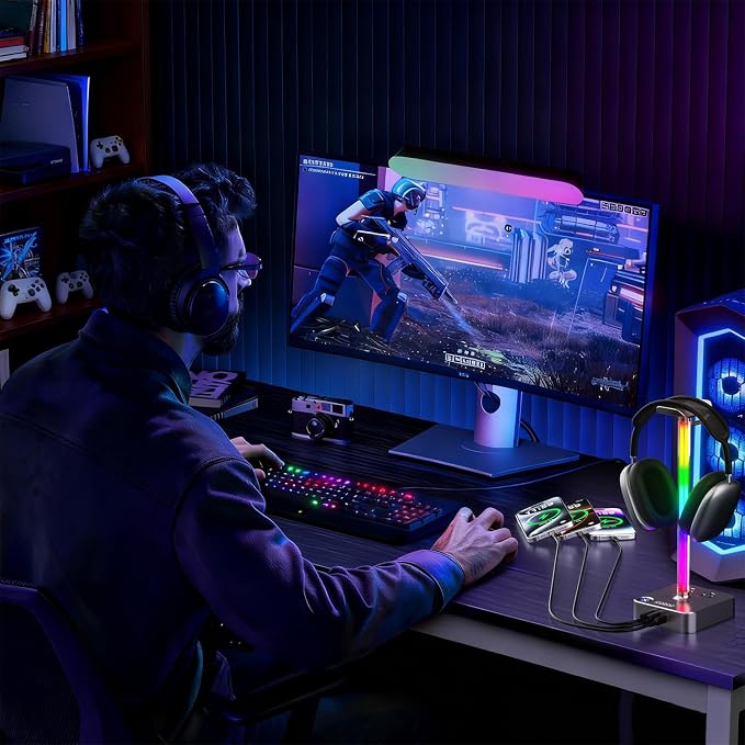 cozoo Headphone Stand with Charger, USB C, Gifts for Gamers Men, Gray Pro | Gaming Headset Stand Holder for Desk, 3 USB(1 USB C) and 2 AC Outlets Charging Ports, Headphone Hanger, Gamer Gifts for Men - Image 6