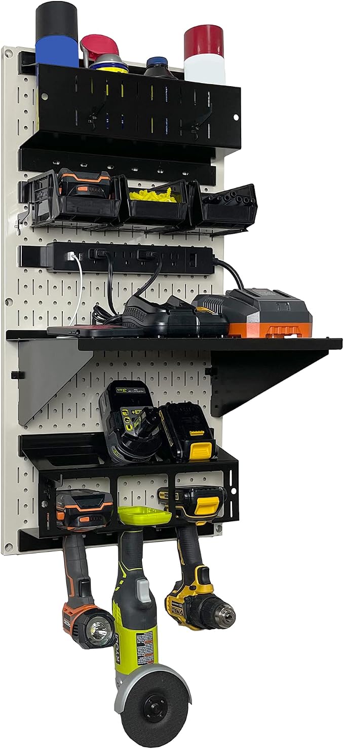 Wall Control Power Tool Storage Organizer Kit Cordless Drill Holder Charging Station Rack 16” x 32” Metal Pegboard Organization System (Beige Pegboard) - Image 3