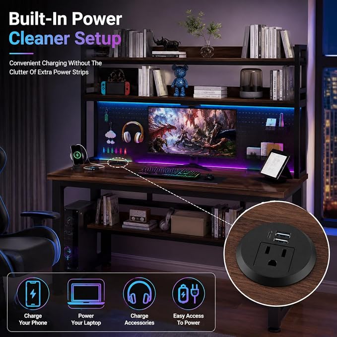 Computer Desk with Power Outlet & LED Lights | 47 Inch Gaming Desk with Hutch & Pegboard, Home Office Desk with Storage Shelves for Bedroom, Study (Brown, 47 Inch) - Image 6