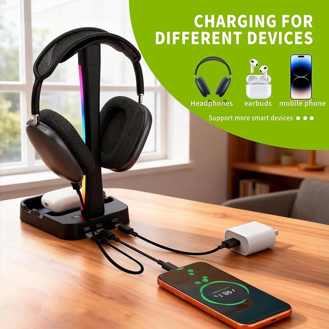 Headphone Stand with Charger,Gaming Headset stand with RGB Light Mode,For Airpod Max Stand,Desk Lamp,Phone Holder,Tablet Holder,desktop organizer,Gifts for Gamers & Music Lover(Black) - Image 2