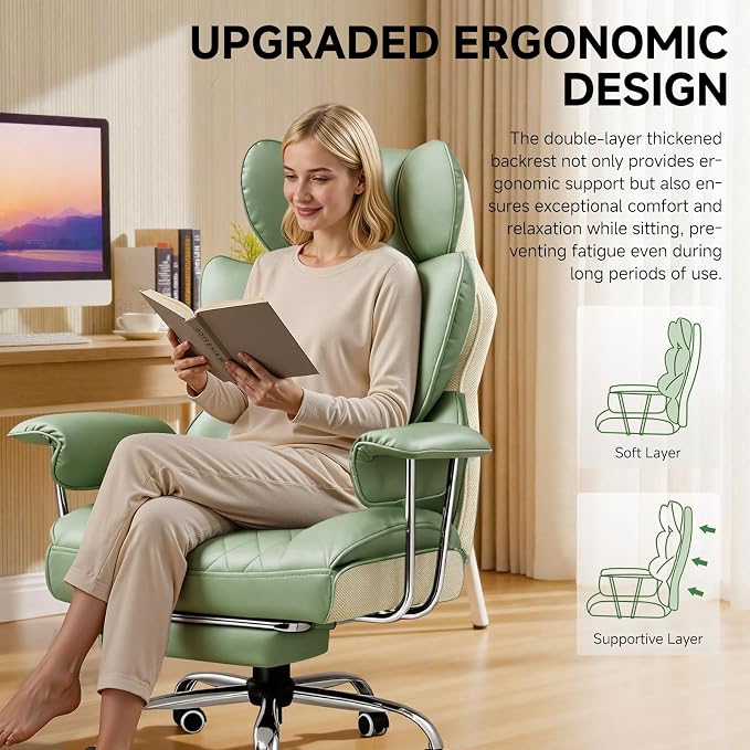 COMHOMA Big and Tall Office Chair, High Back Leather Gaming Chair with Footrest, Executive Ergonomic Office Chairs with Pocket Spring Lumbar Support and with Outward Fixed Soft Armrests - Image 5