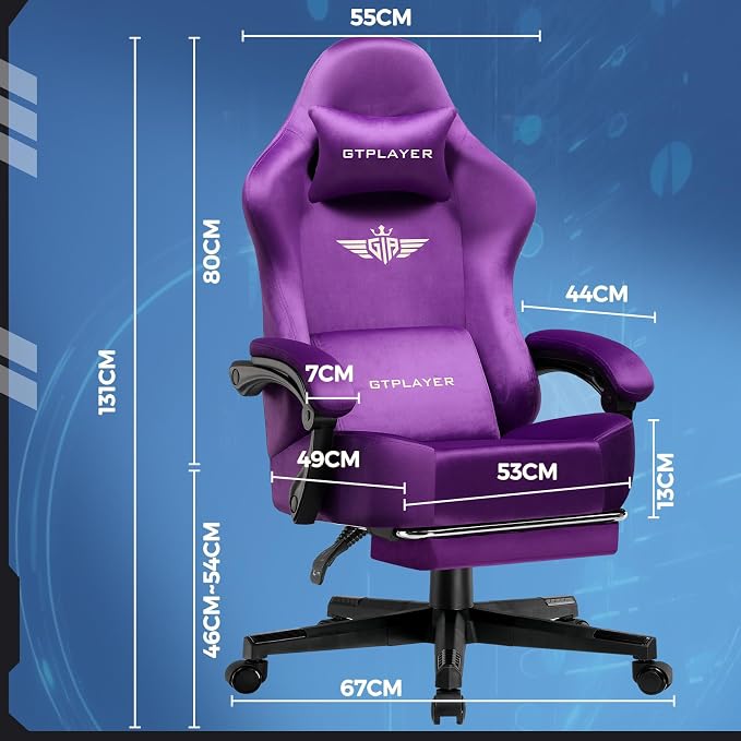 GTPLAYER Gaming Chair Fabric with Pocket Spring Cushion, High Back Ergonomic Computer Chair with Footrest for Adults Lumbar Support Swivel Game Chair for Office Gaming 350LBS, Dark Purple - Image 2