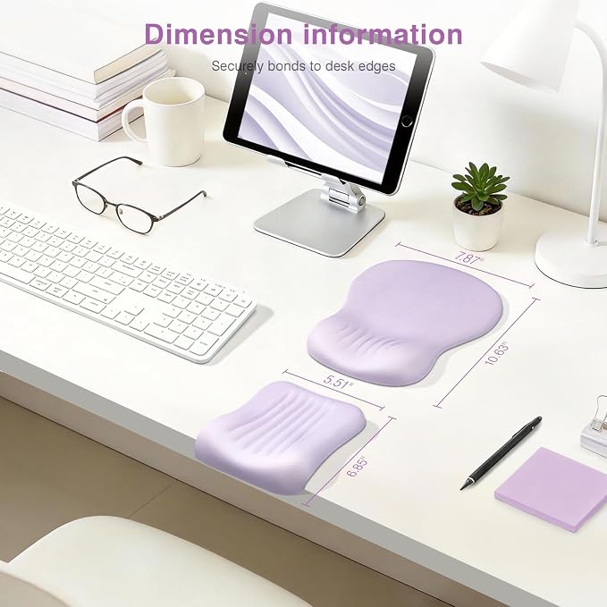 Ospelelf Mouse Pad with Wrist Rest Set Foam L-Shaped Desk Elbow Pad Ergonomic Desk Edge Cushion Anti-Slip Rubber Bottom Office Women Desk Accessories for Computer, Laptop and Gaming, Purple - Image 6