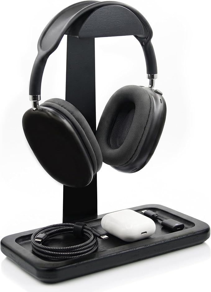 Gift for Men Headphone Stand with Storage Base, Stylish Headset Holder Gamer Gifts for Gaming & Desk to Keep Accessories Organized, Unique Gifts for Teenage Boy Brother on Birthday (Black Wood) by Unknown