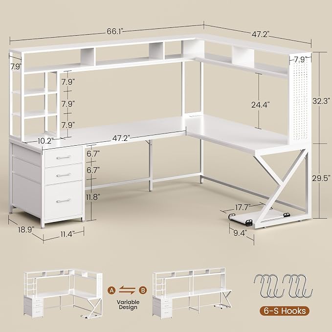 SEDETA Corner Gaming Computer Desk with Storage Drawers, Hutch, LED Lights | Convertible 94.5" Home Office Desk with Power Outlet, Pegboard, Large Desktop, Two Person Desk, White - Image 2