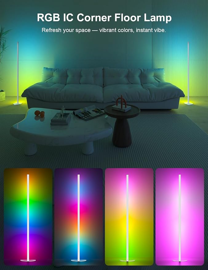 White Corner Floor Lamp 1 Pair, LED Corner Lamp with Remote Control, APP Control 16 Million Colors, Timing, Color Changing Ambient Lighting for Living Room, Bedroom, Gaming (Only One Adaptor) - Image 2