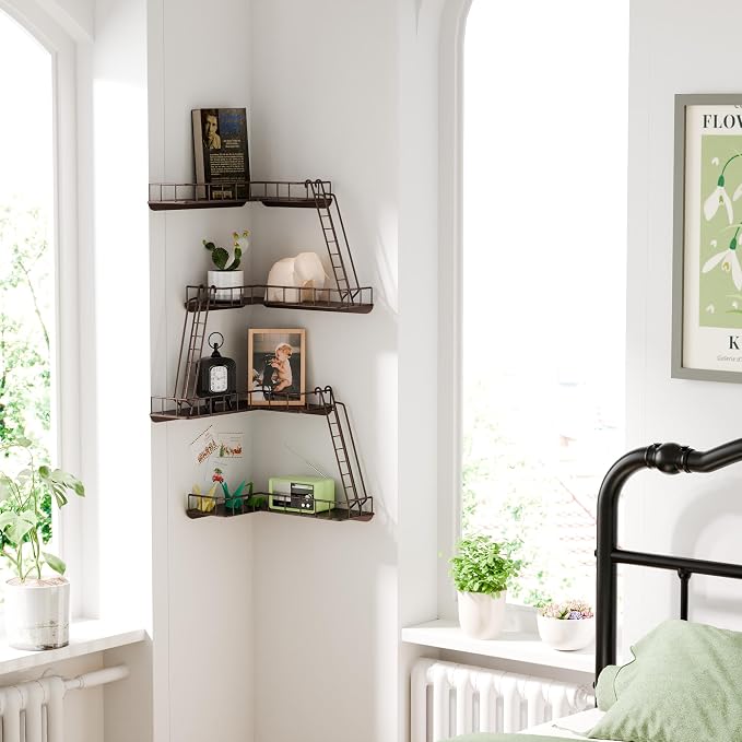 Fire Escape Wall Shelf - Modern City Style 4-Tier Corner Wall Shelves, Easy to Install Metal Ladder Shelf for Figures, New York Decorative Shelves for Bathroom, Living Room&Home Decor,Coffee - Image 2