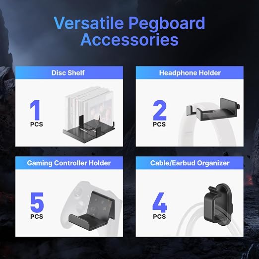 PEGZONE Controller and Headphone Holder Wall Mount, 7pcs, Black | Modular Gaming Pegboard with Accessories, Controller Stand, Disc Shelf Organizer - Image 4