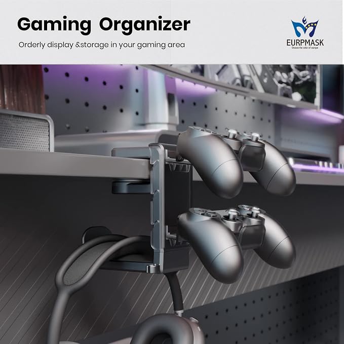 EURPMASK 3-in-1 Rotating Headphone Stand w/2 Detachable Controller Holders | Adjustable Clamp-on Headset Holder Hanger,360°Swivel,Gaming Headset Hanger,Cable Organizer,Keep Headphones Secure&Desk Tidy - Image 2