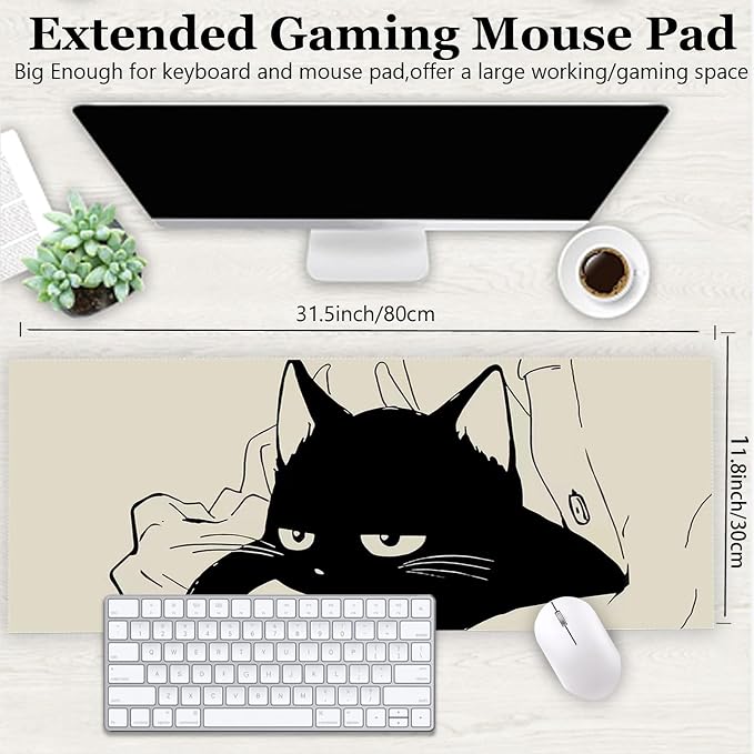 Gaming Mouse Pad XL Extended Anime Mouse Pad 31.5x11.8 inch, Large Cute Kawaii Big Computer Mouse Mat Desk Pad with Non-Slip Rubber Base and Stitched Edge for Home Office-Black Cat - Image 2