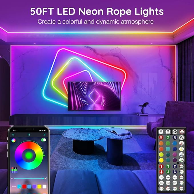 AILBTON 50Ft Neon Rope Lights,Flexible Led Rope Lights Control with App/Remote,Multiple Modes Music Sync Gaming RGB Led Neon Lights for Bedroom Outdoor - Image 2