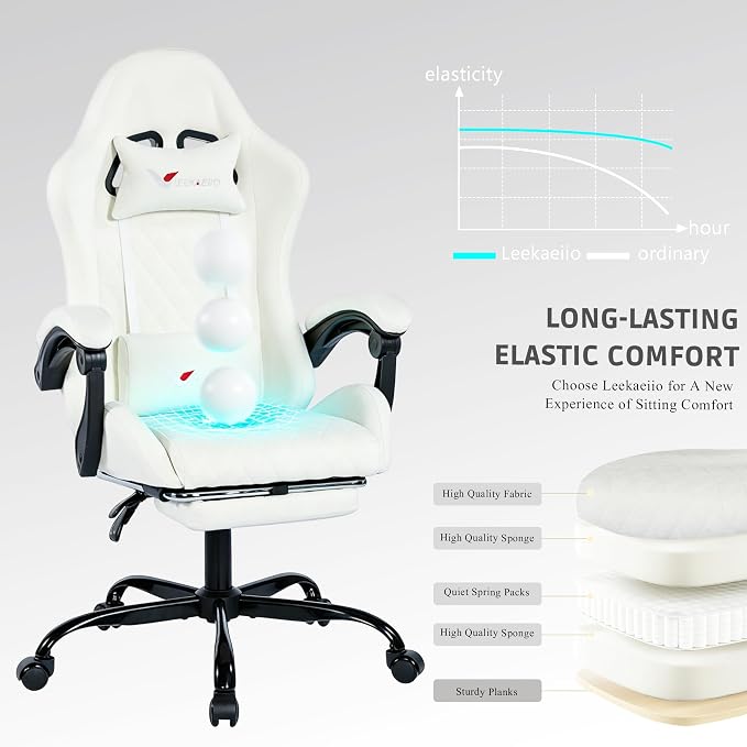 Fabric Gaming Chair for Adults, Ergonomic Computer Office Desk Chair with Footrest,Pocket Spring Cushion, Reclining High Back Silla Gamer for Home Office, White - Image 4