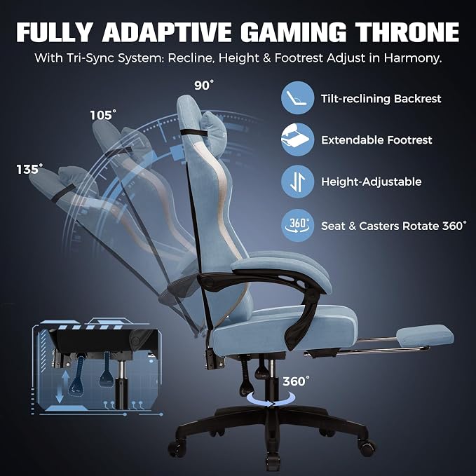 GTPLAYER Gaming Chair, Ergonomic Computer Chair with Footrest and Lumbar Support, High Back Recliner Chair 350lbs, Height Adjustable for Home Office, Light Blue - Image 4