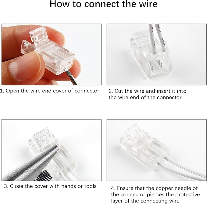 RGBZONE 10pcs 2-Pin 8mm LED Strip to Wire Connectors and 10m/32.8ft 2 Pin Extension Wire for Waterproof or Non-Waterproof Single Color LED Strip Lights(IP20/IP65) - Image 6