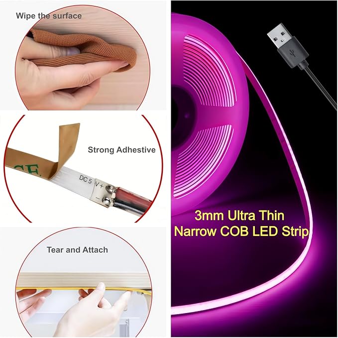 Ultra-Narrow 3mm USB-C COB LED Strip Lights Self-Adhesive, for Kitchen Cabinets, Bedroom, Gaming Desk (Purple, 3ft) - Image 2