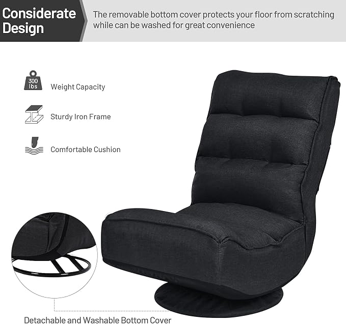 GIANTEX 360 Degree Swivel Gaming Chair, 6 Position Adjustable (Black) | Folding Floor Chair, 300lb Spring Support, Comfortable Padded Backrest, Lazy Sofa Chair Game Rocker for Teens Adults - Image 5