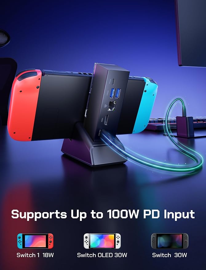 JSAUX Switch Dock 7-in-1, Portable TV Dock with 4K@120Hz HDMI, Gigabit Ethernet, USB A and USB C 3.1, 100W PD Charging, Travel Docking Station Compatible with Switch - HB0704 - Image 7