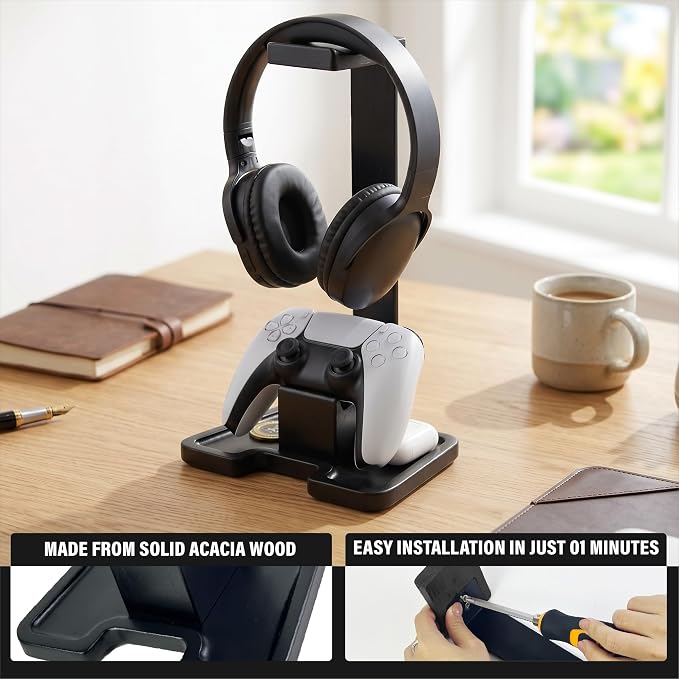 Gaming Accessories Headset Stand with Game Controller Holder & Storage Base, Stylish Gamer Gifts for Men Teenage Boy Headphone Stand, Unique Gifts for Gamers to Organize Gaming Equipment (Black Wood) - Image 3