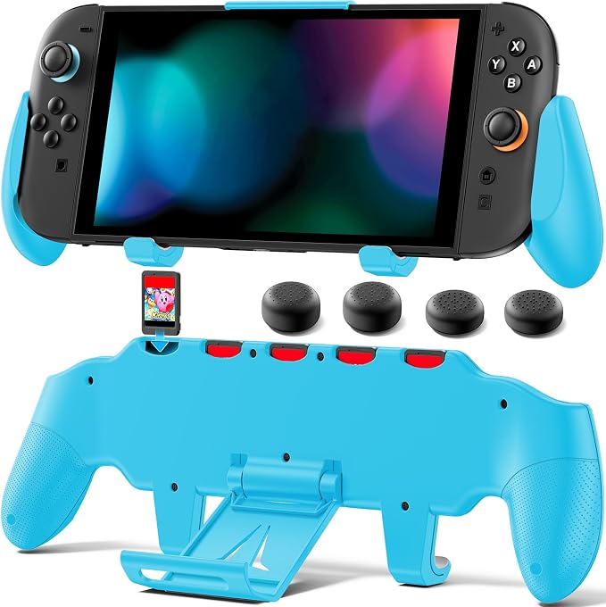 OIVO Grip Compatible with Nintendo Switch 2, Switch 2 Ergonomic Grip Case with Adjustable Stand, Comfort Game Accessories with 5 Game Card Slots and 4 Thumb Caps, Blue by OIVO