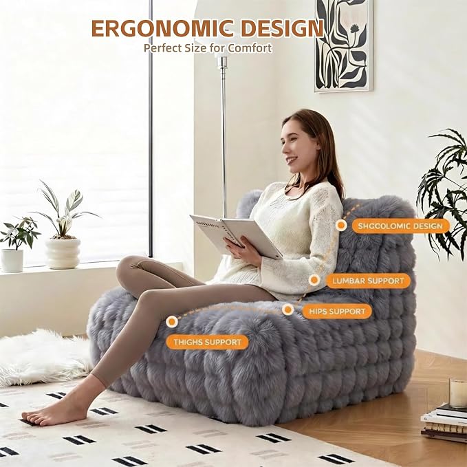Memory Foam Faux Fur Bean Bag Chair, Light Grey | Supportive memory foam filling, plush faux fur cover, floor lounge sofa for bedroom, living room & office daily relaxation - Image 4