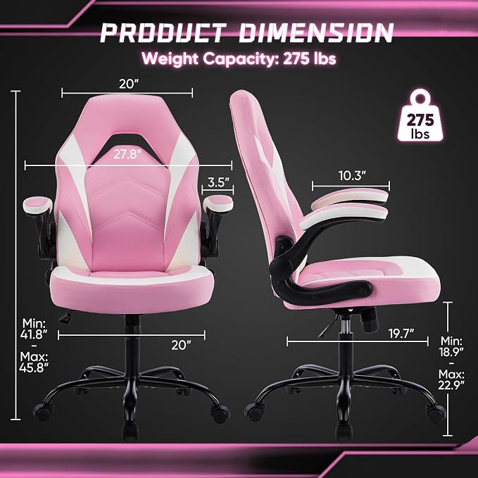 DUMOS Computer Gaming Chair, Home Office Desk Chair, PU Leather | PU Leather, Flip-up Armrest, Swivel Wheels, Lumbar Support, Video Game, Height Adjustable, White and Pink - Image 3