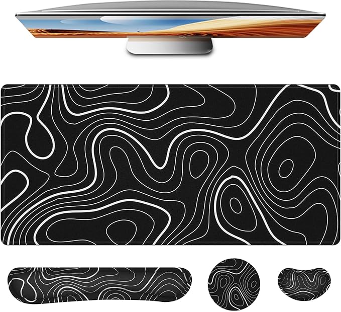 4 in 1 Large Mouse Pad,Keyboard Wrist Rest Set,Desk Mat with Stitched Edges Thicken Desk Pad,Wrist Support for Keyboard and Mouse,Desk Mat for Home Office Game(Black Marble) by jinaply
