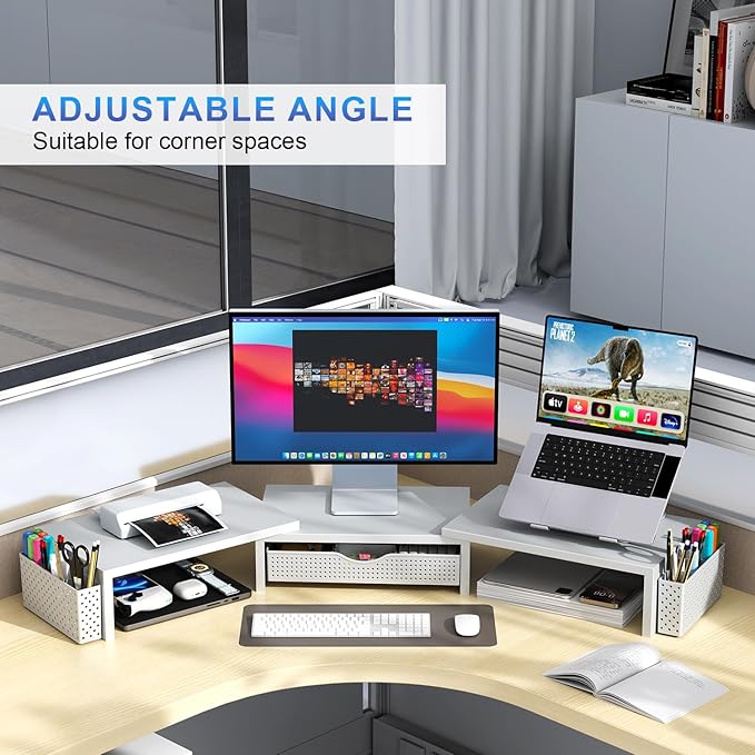 gianotter Dual Monitor Stand Riser With Drawer and 2 Pen Holders | Computer Monitor Stand Desk Organizer and Accessories Desk Shelf for Top of Desk (White) - Image 4