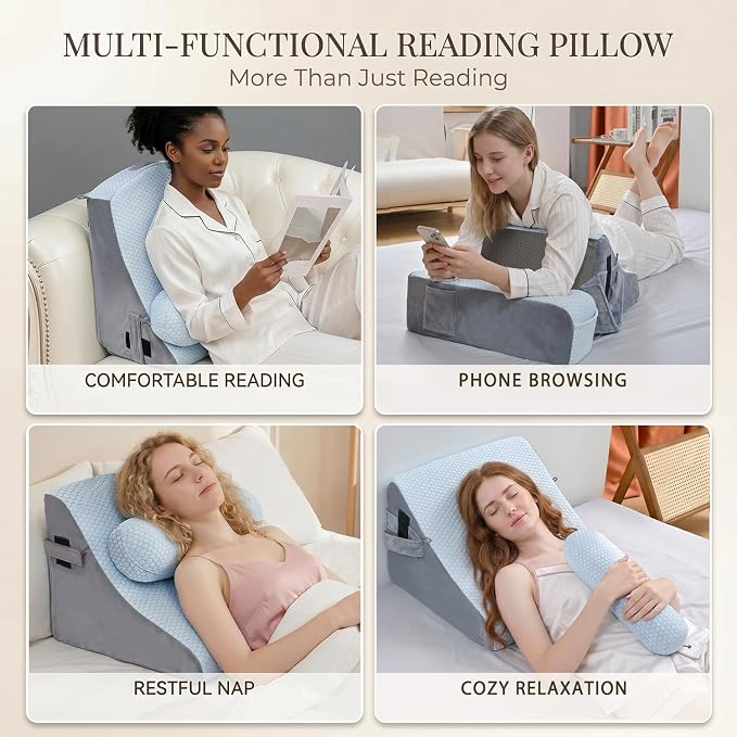 Reading Pillow for Adults, Back Pillow for Bed Sitting Up, Backrest Pillow for Sitting in Bed, Detachable Arms with Built-in Cup & Phone Caddy (White Cooling - Polka, 21 INCH) - Image 5
