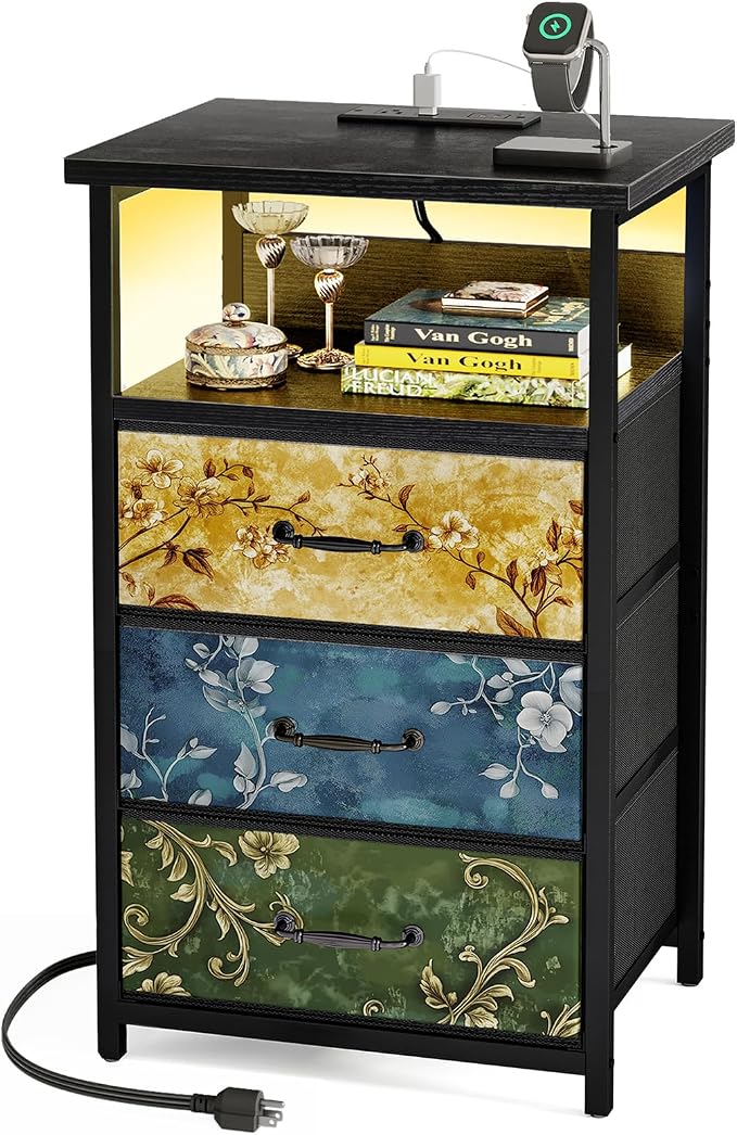 Fixwal Night Stand with 3 Fabric Drawers, Nightstand with Charging Station by Fixwal