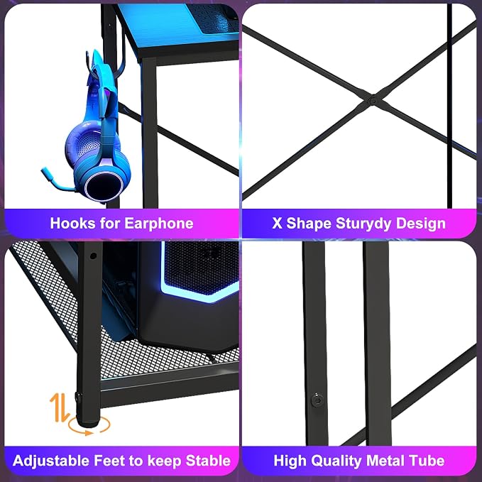 X-cosrack 33.5" Small Gaming Desk with LED Lights & Long Monitor Stand, Compact Computer Desk with Power Outlets & CPU Stand, Gamer Table with Storage Drawer for Home Office, Bedroom Corner, Black - Image 8