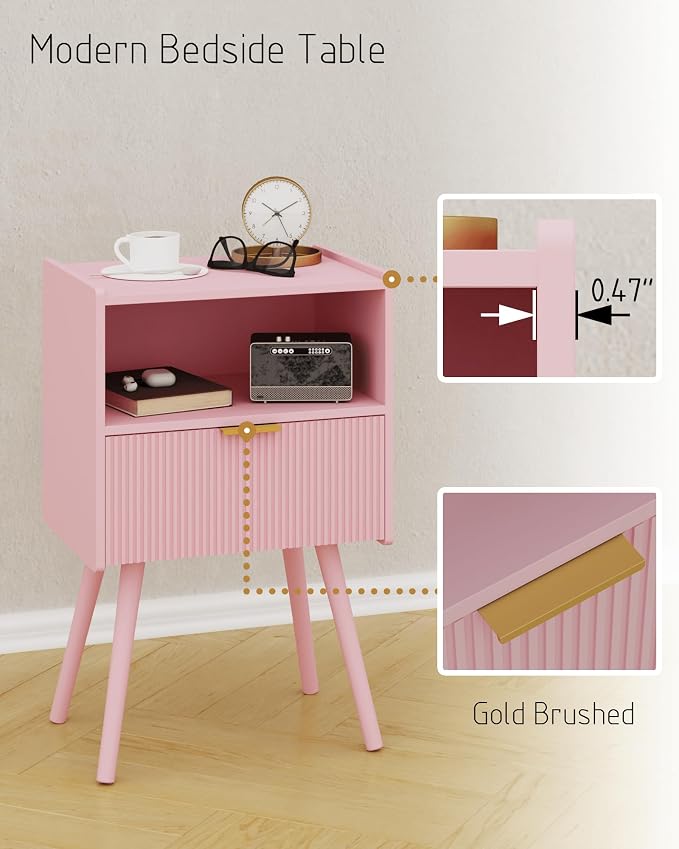 JOONEE Nightstand,Modern Bedside Table with Storage Drawer and Open Wood Shelf, for Living Room, Bedroom and Small Spaces, Accent Night Stand with Solid Wood Legs, Easy Assembly,Classic Pink - Image 6