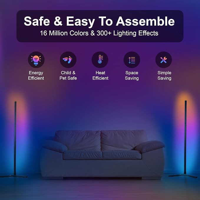 Corner Floor Lamp - 57'' Tall RGB Lamp with Music Sync, 16 Million Colors, 88 LED Dual RGB White, Voice & App Control Mood Light with Timer & Remote for Gaming, Bedroom & Living Room - Image 2