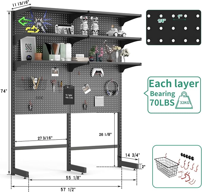 JWX Freestanding Gaming Pegboard Shelf, 300 lb Capacity, 57.5 x 74 in | Powder-coated metal with 8 modular panels, 15 accessories, 70 lb per shelf and 300 lb total capacity - Image 3