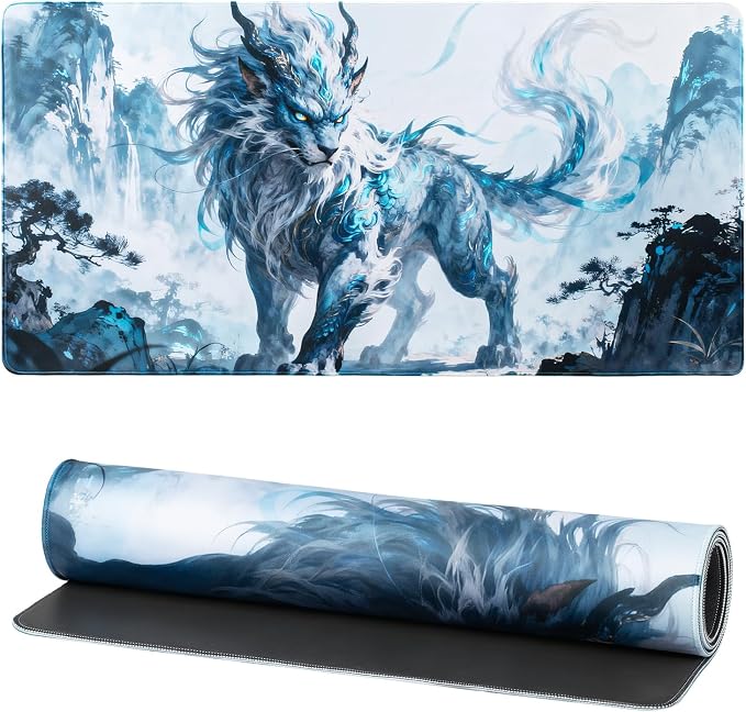 Lion Gaming Mouse Pad, XXL Chinese Landscape Desk Mat 31.5X15.7 | HD Print, Non Slip Rubber Base, Waterproof Fabric Top, Stitched Edges, Ideal Gift for Dorm, Home, Office & Back to School by Unknown