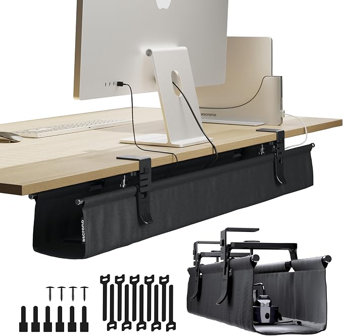 Ascrono Original No Drill Under Desk Cable Management Tray 40.6" - Premium Black Fabric Cable Management Under Desk - Clamp/Screw Mount Cord Organizer - Supports Upto 66lbs - Large by Ascrono